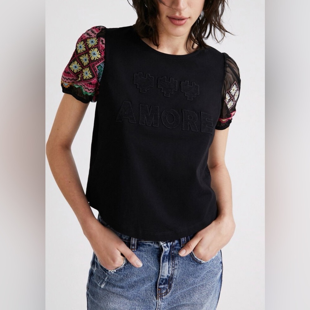 Desigual Black Crop Top with Vibrant Patterned Sleeves